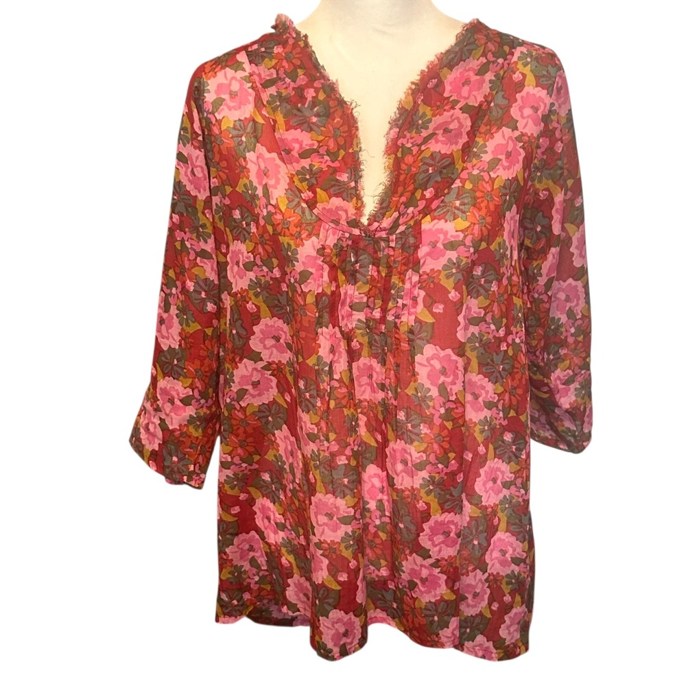 Natural Life Top‎ Women's S/M Pink Floral Print Gauzy Tunic V Neck 3/4 Sleeve